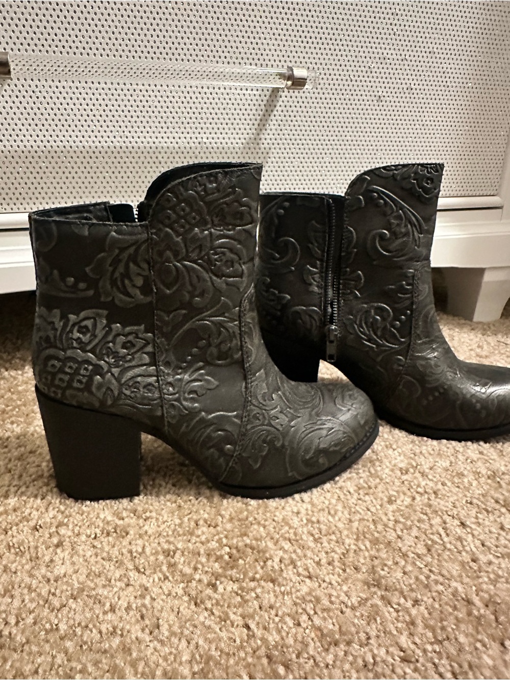 Embossed Ankle Booties in Charcoal Gray